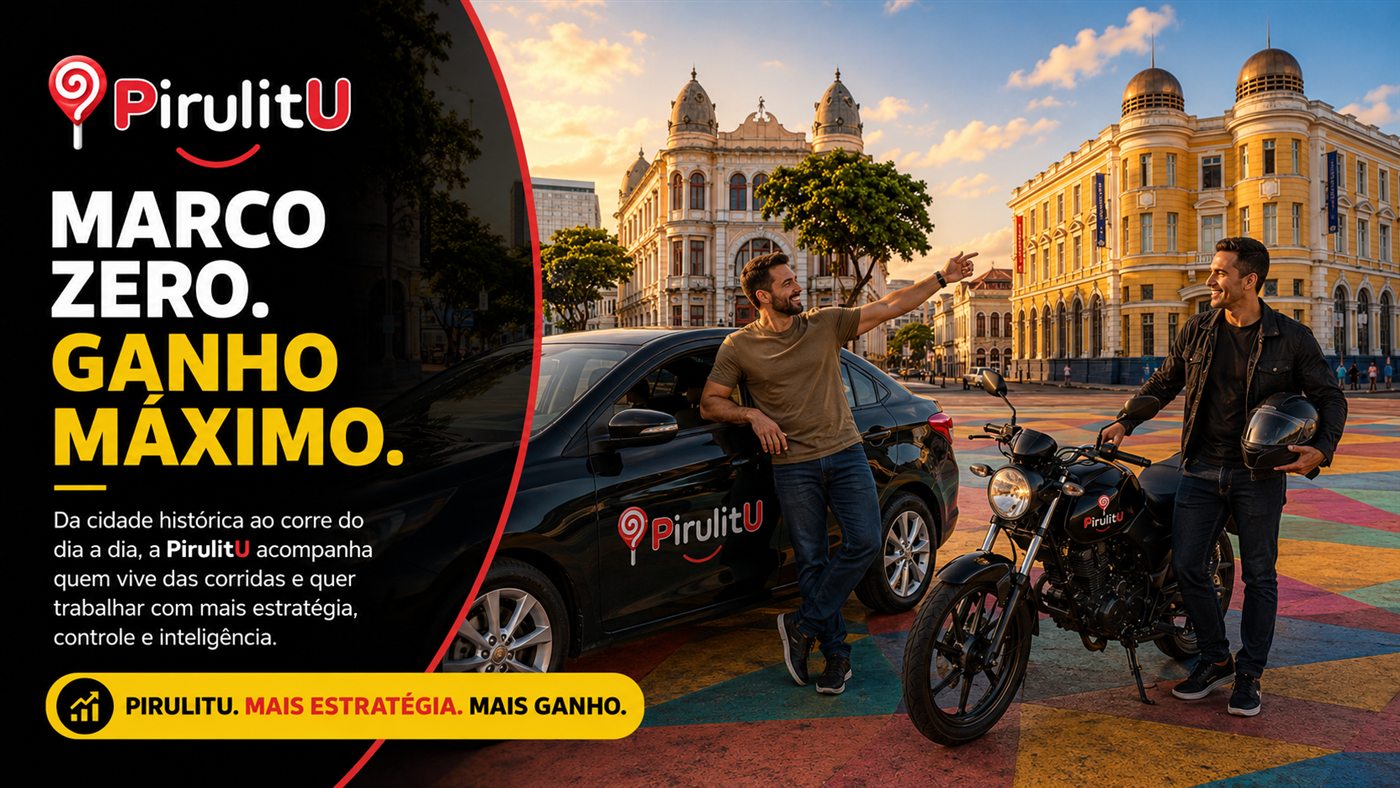 Motorista de carro e motoboy parceiros PirulitU no Marco Zero do Recife — mais estratégia, mais ganho