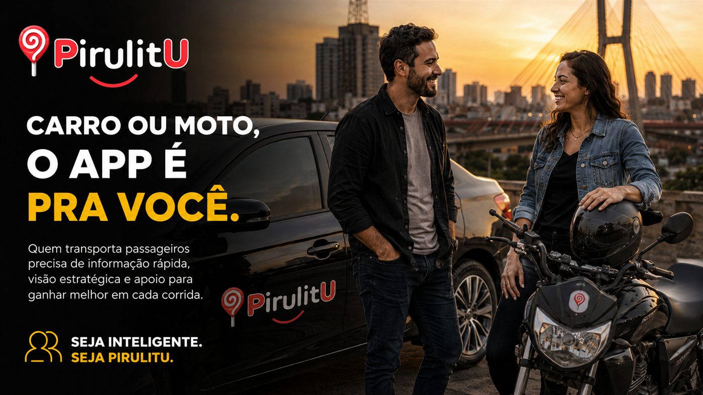 Casal de motoristas parceiros PirulitU numa ponte ao entardecer — carro ou moto, o app é pra você