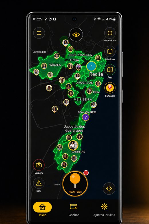 Mapa do PirulitU destacando em verde os bairros aceitos, com amigos localizados em tempo real