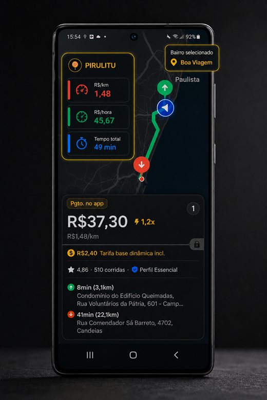 Popup flutuante do PirulitU mostrando R$/km, R$/hora e tempo total por cima do app de corrida